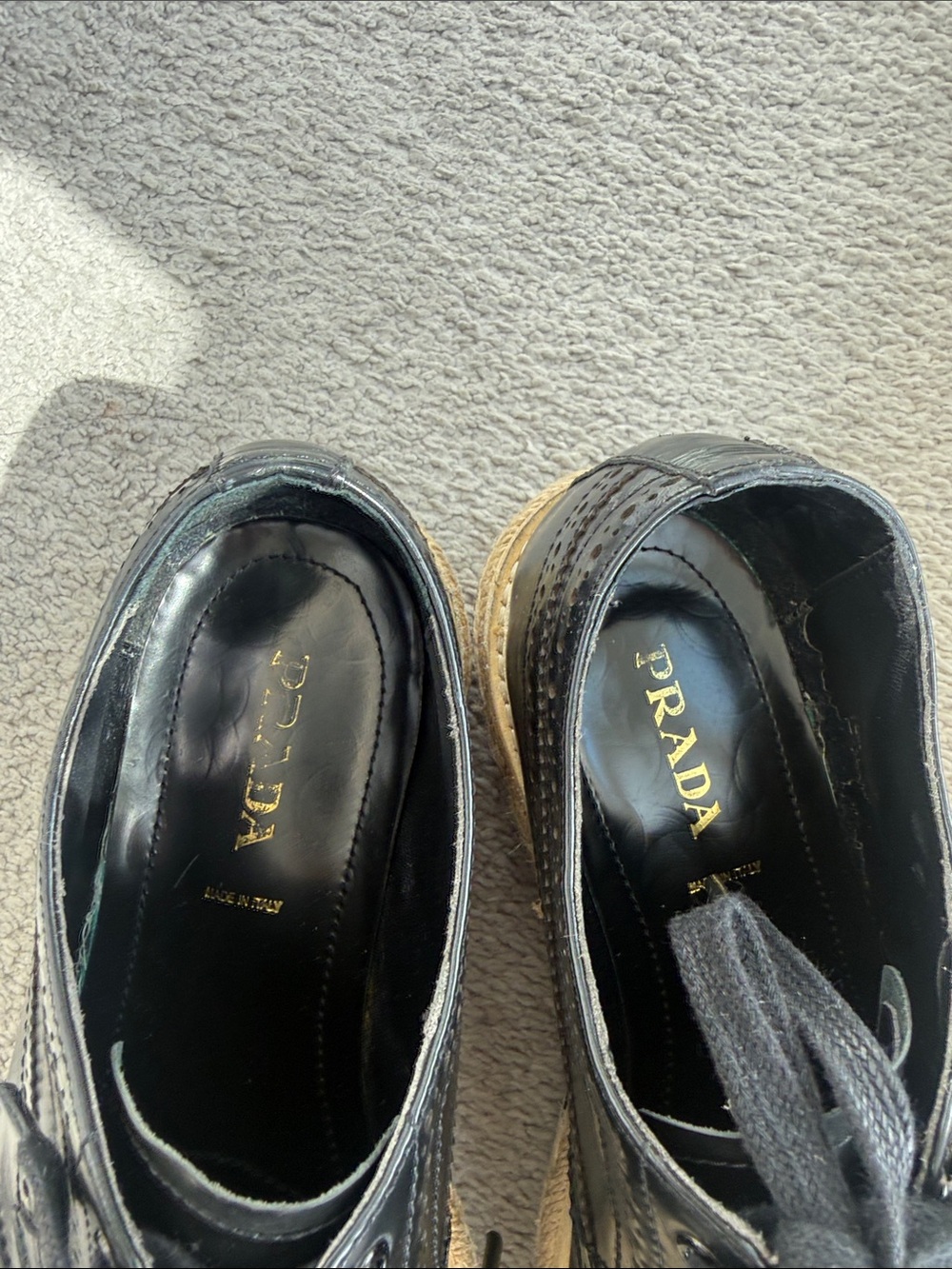 Prada Black Leather Brogues with Natural Tan Platform Sole - Picture 2 of 16